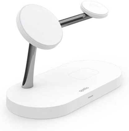 Spello Soporte de Carga inalámbrico magnético 3 en 1, Compatible con MagSafe, Carga para iPhone 15, 14, 13 y 12, Apple Watch y AirPods, con Puerto de Carga USB-A, Color Blanco