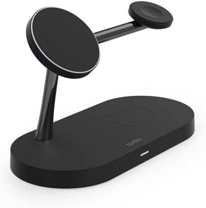 Spello 3 in 1 Magnetic Wireless Charging Stand, MagSafe Compatible, Charging for iPhone 15, 14, 13 & 12 series, Apple Watch & AirPods, with USB-A Charging Port, Black