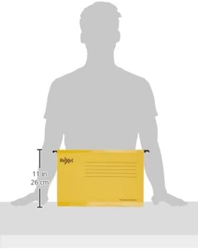 Rexel Classic Foolscap Reinforced Suspension Files for Filing Cabinets, 15 mm V base, 100 Percent Recycled Card, Yellow, Pack of 25, 2115593