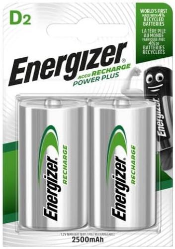 Energizer Recharge Power Plus - Batterie D (pacco da 2) - Pile Ricaricabili 2500 mAh NiMH - pronte all'uso - per torce elettriche e giocattoli - 100% imballaggio riciclabile privo di plastica