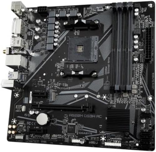 GIGABYTE A520M DS3H AC Motherboard - AMD Ryzen 5000 Series CPUs, 5+3 Phases VRM, up to 4733MHz DDR5 (OC), 1xPCIe 3.0 M.2, GbE LAN, WIFI 5, USB 3.2 Gen 1