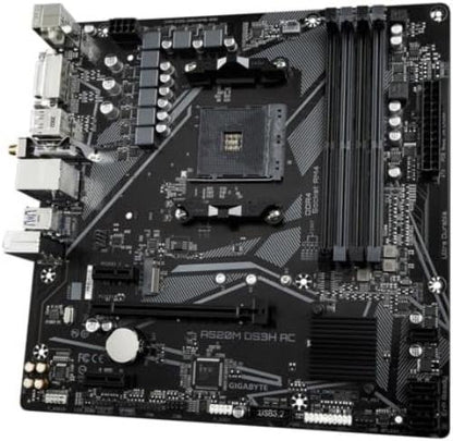 GIGABYTE A520M DS3H AC Motherboard - AMD Ryzen 5000 Series CPUs, 5+3 Phases VRM, up to 4733MHz DDR5 (OC), 1xPCIe 3.0 M.2, GbE LAN, WIFI 5, USB 3.2 Gen 1