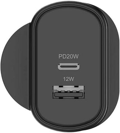 Cygnett PowerPlus 32W USB-C Wall Charger with Dual Ports and Power Delivery UK - Black