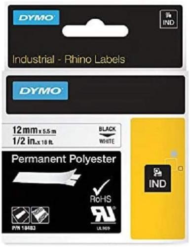 DYMO - Permanent adhesive polyester tape - black on white - Roll (1.2 cm x 5.5 m) - 1 roll(s