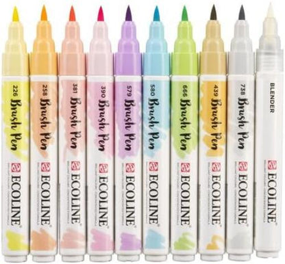 Ecoline Brush Pen Set van 10 - Pastel | Penseelstiften met Aquarelverf voor Bullet Journal, Handlettering, Kleurboeken & Tekenen