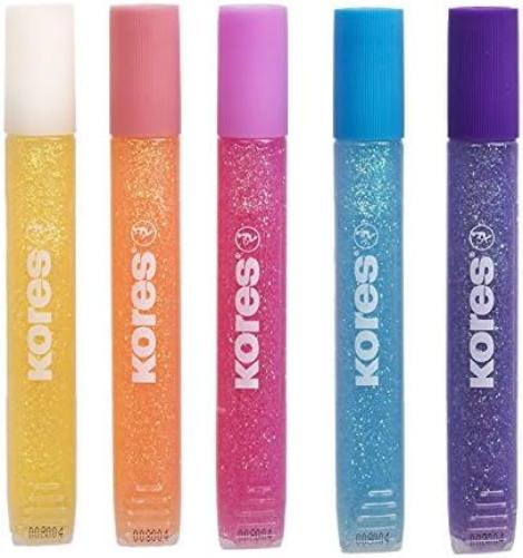 Kores - Pastel glitterstiften voor kinderen, veilig en niet giftig voor kunst en handwerk, precisiepunten, verpakking van 5 kleuren x 10,5 ml