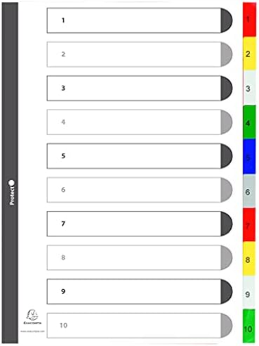 Exacompta - Ref 84E - PP Printed Indices - For Use With A4+ Documents, 0.1mm Polypropylene, Pre-Punched, Soft & Tear Resistant - 10 Divider Parts (1-10) - White With Coloured Tabs