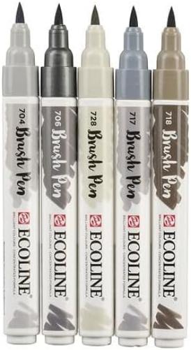 Ecoline Brush Pen Set van 5 - Grijs | Penseelstiften met Aquarelverf voor Bullet Journal, Handlettering, Kleurboeken & Tekenen