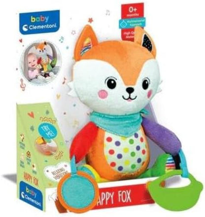 Clementoni Baby Easy-Peasy Soft Fox Travel Plush Toy for Children 0+ Months, Rustling Rattle with Biting Pendant, Pliers for Prams and Car, Machine Washable, 17623