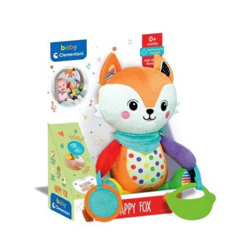 Clementoni Baby Easy-Peasy Soft Fox Travel Plush Toy for Children 0+ Months, Rustling Rattle with Biting Pendant, Pliers for Prams and Car, Machine Washable, 17623