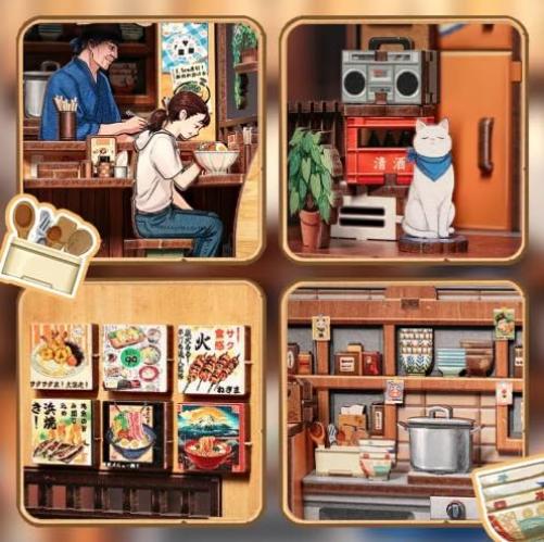 Book Nook DIY Oishii Kyoto - Japanisches Miniatur Set mit LED - Ramen Shop zum Bauen - Premium Bücherregal Dekoration - Originelle Geschenkidee