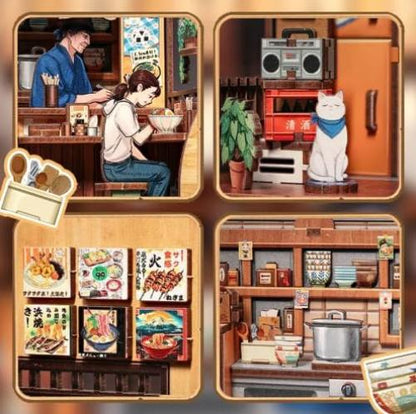 Book Nook DIY Oishii Kyoto - Japanisches Miniatur Set mit LED - Ramen Shop zum Bauen - Premium Bücherregal Dekoration - Originelle Geschenkidee