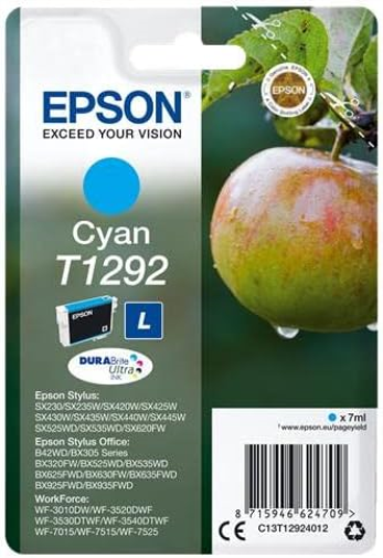 Epson Stylus T1292 - Cartucho de tinta, tamaño L, 1 unidad, color cian válido para los modelos WorkForce, Stylus, Stylus Office y otros, Ya disponible en Dash Replenishment, Normal (235M274