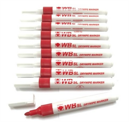 Whiteboard Drywipe Bullet Tip Red Markers x 10 (PC