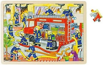 GOKI- Puzzles de Madera Encaje, Bomberos En Acción, Multicolor (57527