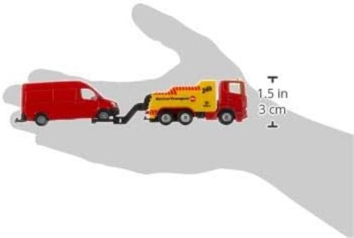 siku 1667, Breakdown Truck with Car, Metal/Plastic, Red/Yellow, Liftable and lowerable towing device