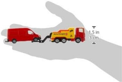 siku 1667, Breakdown Truck with Car, Metal/Plastic, Red/Yellow, Liftable and lowerable towing device