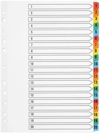 Q-Connect Index A4 Multi-Punched 1-20 Reinforced Multi-Colour Numbered Tabs KF01521