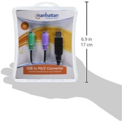 Manhattan USB-A to PS/2 Converter cable, 15cm, Male to Female, Black, Connects Two PS/2 Devices via One USB-A Port, Blister