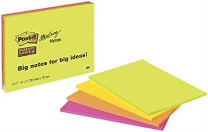 Post-it Super Sticky Meeting Notes, Pack of 4 Pads, 45 Sheets per Pad, 203 mm x 152 mm, Green, Pink, Yellow, Orange Colors - Large Extra Sticky Notes For Note Taking, To Do Lists & Reminders
