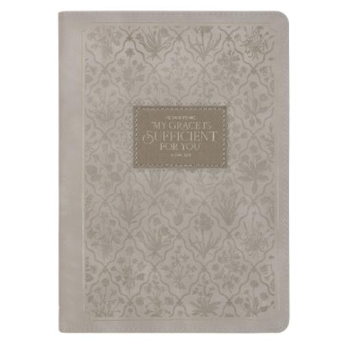 Christian Art Gifts Inspirational Zippered Journal, My Grace Is Sufficient for You Wide Ruled Notebook, 2 Cor. 12:9 Bible Verse, Taupe Vegan Leather, 336 Lined Pages W/Scripture, (9" X 6.4" X .9")