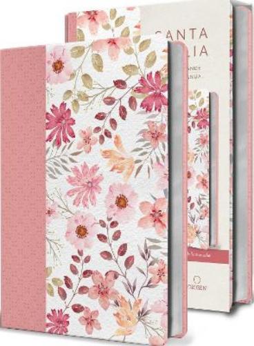 Biblia Reina Valera 1960 letra grande. Piel rosada con flores, tamaño manual / Spanish Bible RVR 1960 Large Print. Imitation Pink Leather With Flowers
