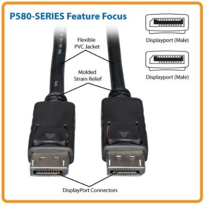 Eaton DisplayPort Cable with Latches, DP to DP, Male-to-Male Connectors, 4K @ 60Hz Quality, Black, 6 Feet / 1.83 Meters (P580-006