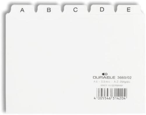 Durable A6 Index Card Set | Includes Printed A-Z Tabs | White | Made of Strong PVC | Perfect for Organising Documents | Pack of 1