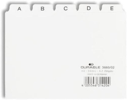 Durable A6 Index Card Set | Includes Printed A-Z Tabs | White | Made of Strong PVC | Perfect for Organising Documents | Pack of 1