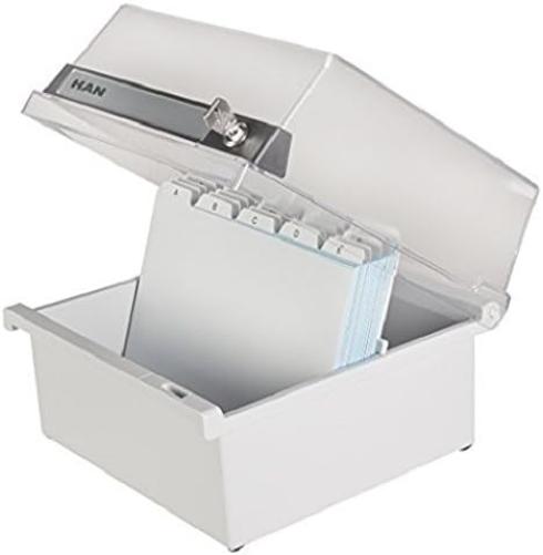 HAN 965-S-631, Card filing box Special Edition A5 landscape. Innovative, attractive design holds 800 cards with lock, readjustable lid supplied with large inscription label, light-grey-translucent