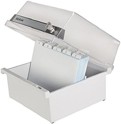 HAN 965-S-631, Card filing box Special Edition A5 landscape. Innovative, attractive design holds 800 cards with lock, readjustable lid supplied with large inscription label, light-grey-translucent