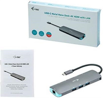 i-tec USB-C Metal Nano Docking Station - 1xHDMI 4K Ultra HD,1xSD Card and 1xmicroSD Card Reader,1xGLAN port,1xCombo audio jack,3xUSB 3.0 ports, 1xUSB-C Power Delivery (100W), Thunderbolt 3 compatible