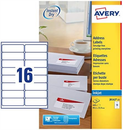 Avery Self Adhesive Address Mailing Labels, Inkjet Printers, 16 Labels per A4 Sheet, 400 labels, QuickDRY (J8162