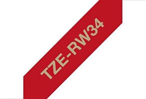 Brother TZe-RW34 Labelling Tape Cassette, Gold on Wine Red, 12mm (W) x 4M (L), Ribbon Tape, Brother Genuine Supplies