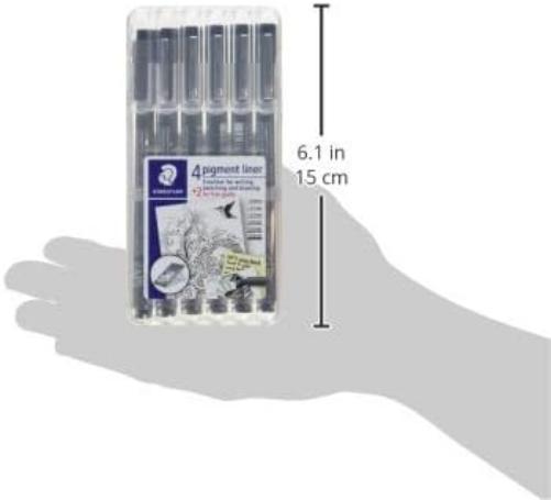 STAEDTLER ‎308 SB6P Pigment Liner Fineliner Pens with Assorted Line Width - Black (Set of 4 + 2 Free