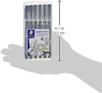 STAEDTLER ‎308 SB6P Pigment Liner Fineliner Pens with Assorted Line Width - Black (Set of 4 + 2 Free