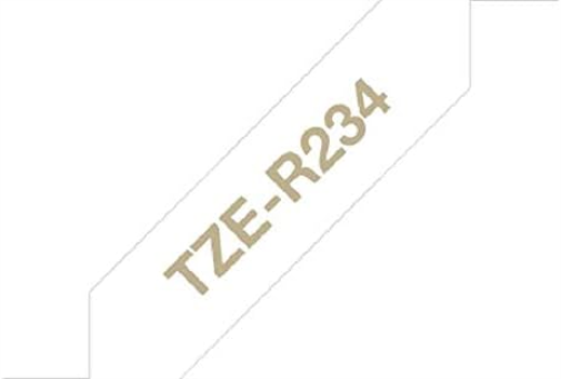 Brother TZe-R234 Labelling Tape Cassette, Gold on White, 12mm (W) x 4M (L), Ribbon Tape, Brother Genuine Supplies