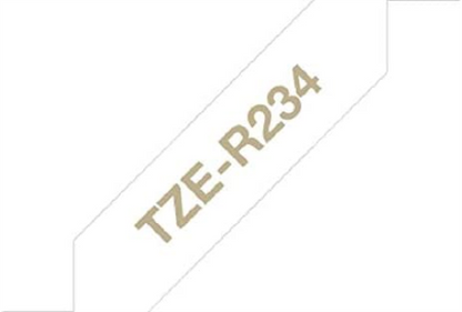 Brother TZe-R234 Labelling Tape Cassette, Gold on White, 12mm (W) x 4M (L), Ribbon Tape, Brother Genuine Supplies