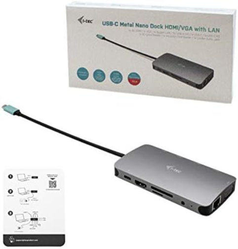 i-tec USB-C 4K Metal Nano Docking Station 1x HDMI 1x VGA 1x GLAN 1x USB-C 3x USB 3.1 1x SD/MicroSD 1x Audio Power Delivery 100W for Windows MacOS Android ChromeOS
