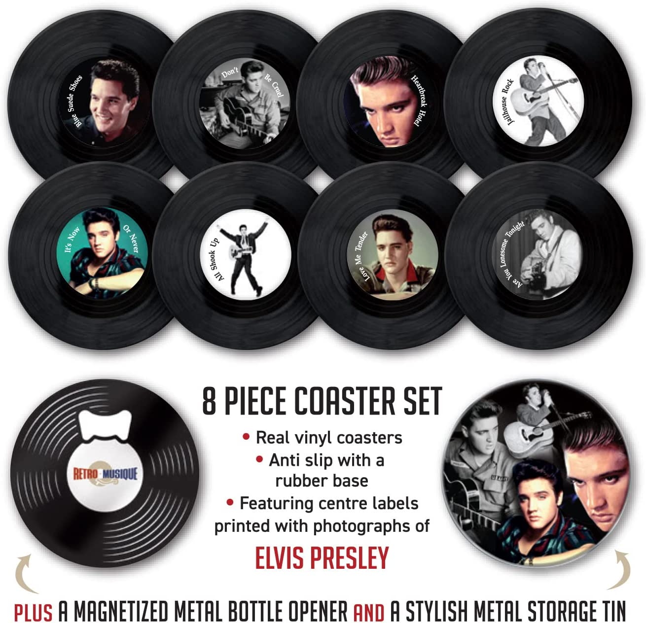 Elvis Presley - 8 Pieces Coaster Set With Real Vinyl Coasters - Retro Musique