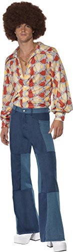 Smiffys 70s Deluxe Flared Trousers, Mens, Blue (Size M) - 70s Deluxe Flared Trousers, Mens, Blue, Patchwork Denim