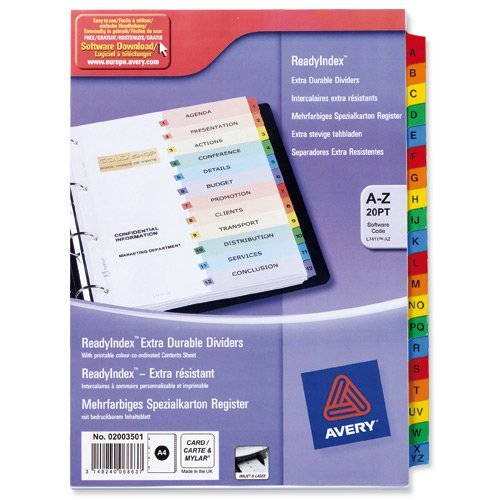 Avery - Avery Readyindex Divider A-Z A4 Punched 190gsm Card White with Coloured Mylar Tabs L7411-AZ Stationery