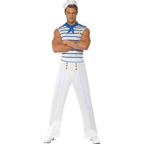 Smiffys Fever Male French Sailor Costume, White (Size M) - `Fever Male French Sailor Costume, White, with Top, Trousers & Neck Scarf -  (Size: M)`