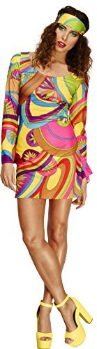 Fever 70s Flower Power Costume, Multi-Coloured, with Dress & Head Scarf Women's Costumes
