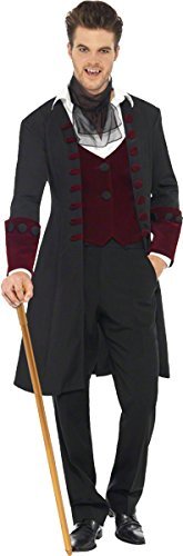 Smiffys Male Fever Gothic Vamp Costume, Black (Size L) - `Male Fever Gothic Vamp Costume, Black, with Coat, Mock Waistcoat & Cravat -  (Size: L)`