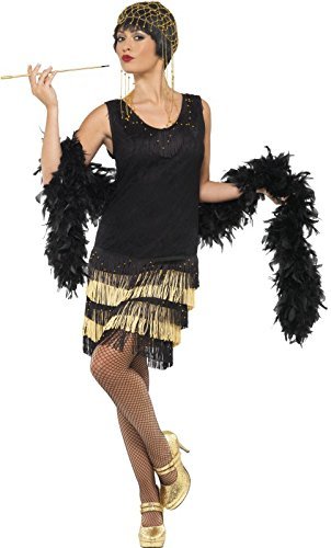 Smiffys 20s Fringed Flapper Costume, Black (Size L) - `20s Fringed Flapper Costume, Black, with Beaded Lace Front Dress -  (Size: L)`