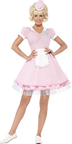 Smiffys 50s Diner Girl Costume, Pink (Size XS) - `50s Diner Girl Costume, Pink, with Dress & Mini Hat -  (Size: XS)`