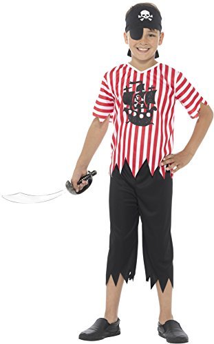Jolly Pirate Boy Costume, Red & White, with Top, Trousers, Bandana & Eyepatch Men's Costumes