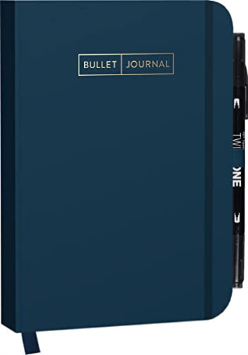 Bullet Journal "Deep Blue" 05 mit original Tombow TwinTone Dual-Tip Marker 33 black: Mit Punkteraster, Seiten für Index, Key und Future Log sowie ... praktischem Verschlussband und Innentasche