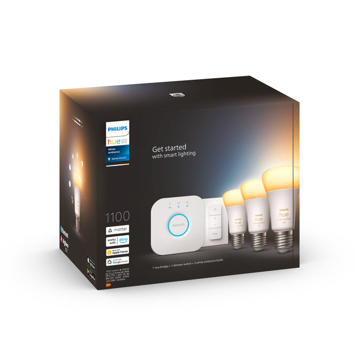Philips Hue White Ambiance Starter Kit - Wireless Lighting Set - Led Light Bulb X 3 - E27 - 8 W (Equivalent 75 W) - Clas